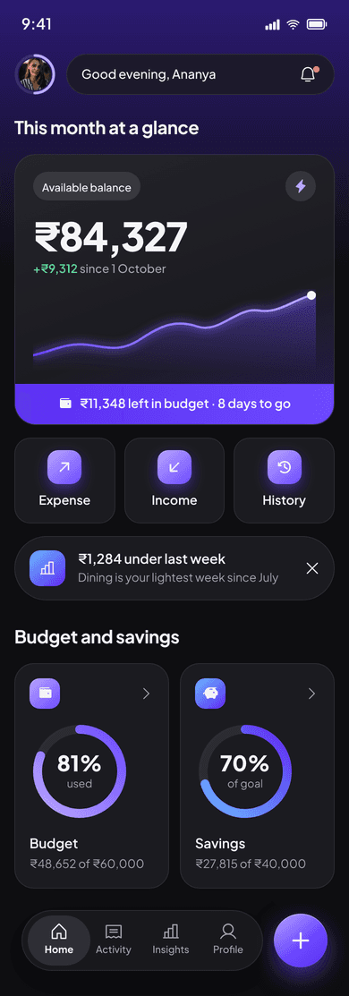 Paisa home screen with available balance, quick actions and budget progress