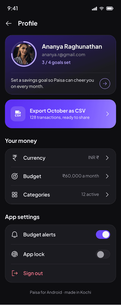 Paisa profile and settings screen